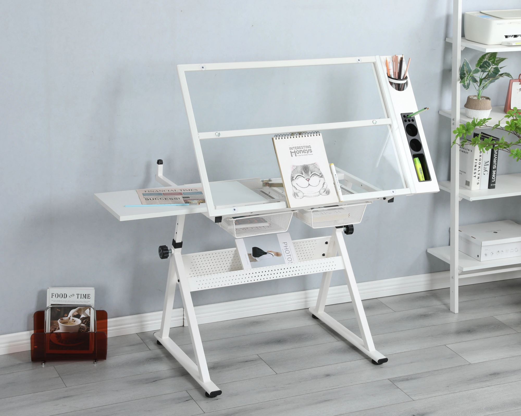 White Adjustable Height Tempered Glass Drafting Table with Swivel Chair, Printing Drawing Art Desk view 3
