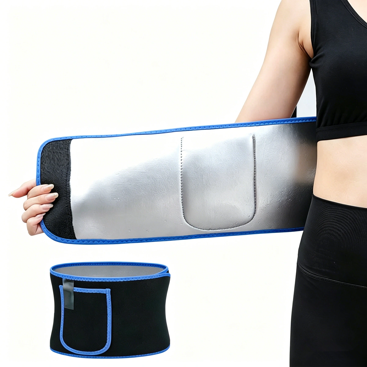 Waist Trimmer Belt with Phone Pocket - Sweat Waist Trainer for Workout, Running & Gym - Blue/Black view 5