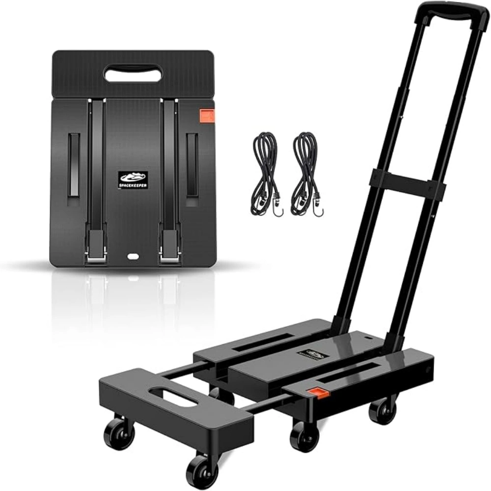 SPACEKEEPER Folding Hand Trolley 227KG Heavy Duty Platform Cart 6 Wheels 2 Elastic Ropes Orange for Luggage Travel Car Shopping Moving Office