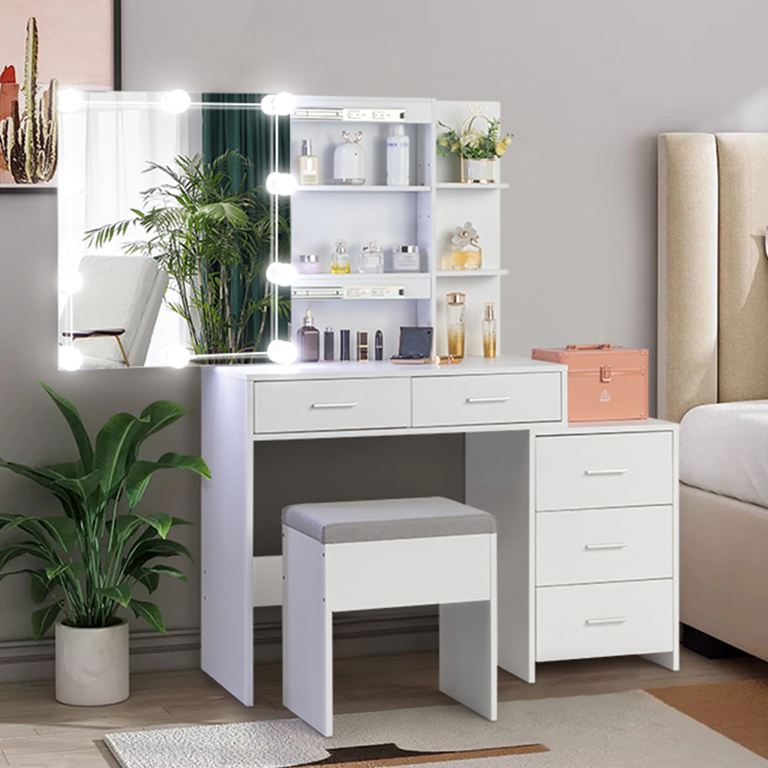 White Dressing Table Set with Mirror Cabinet, Particleboard Triamine Veneer, 5 Pumps, 2 Shelves, 3-Dim Light Bulb view 3