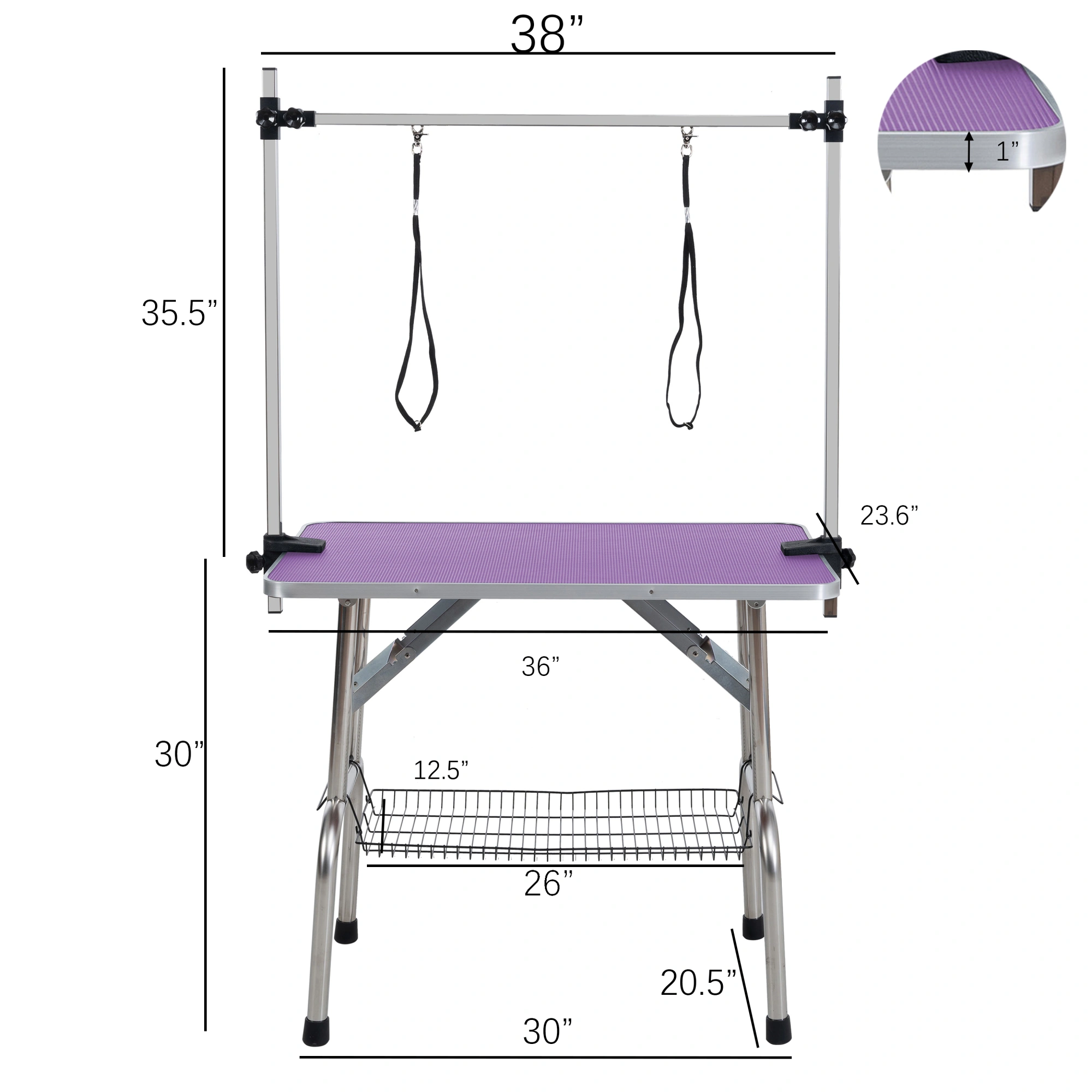 36" Folding Dog Pet Grooming Table Stainless Steel Frame Rubber Mat on Board with Adjustable Arm and Clamps pet dog Cat Grooming Table (PURPLE COLOR) view 6