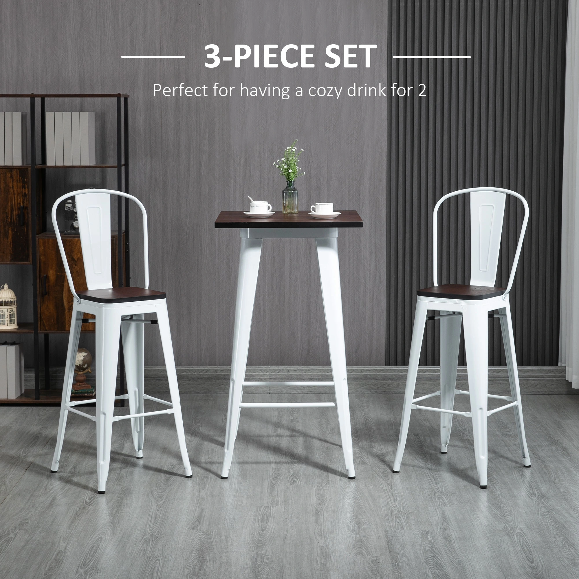 Modern Pub Table and Chair Set 36" Counter Height Dining Table with 2 Stools, Metal Frame Faux Leather Seat, Black view 3