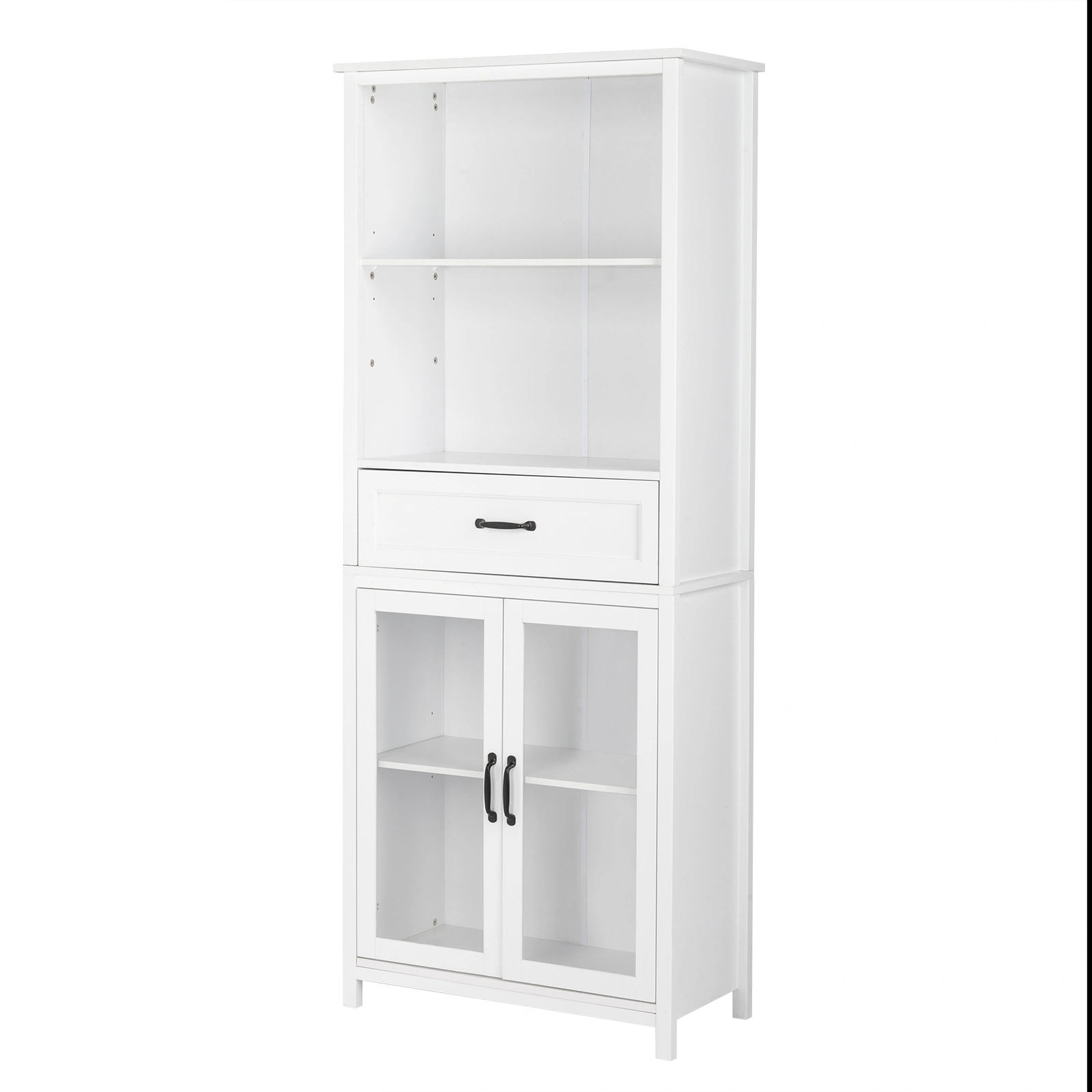 American Country Style Bookcase White MDF with Upper Shelf Middle Drawer Lower Two Doors Storage Cabinet view 2