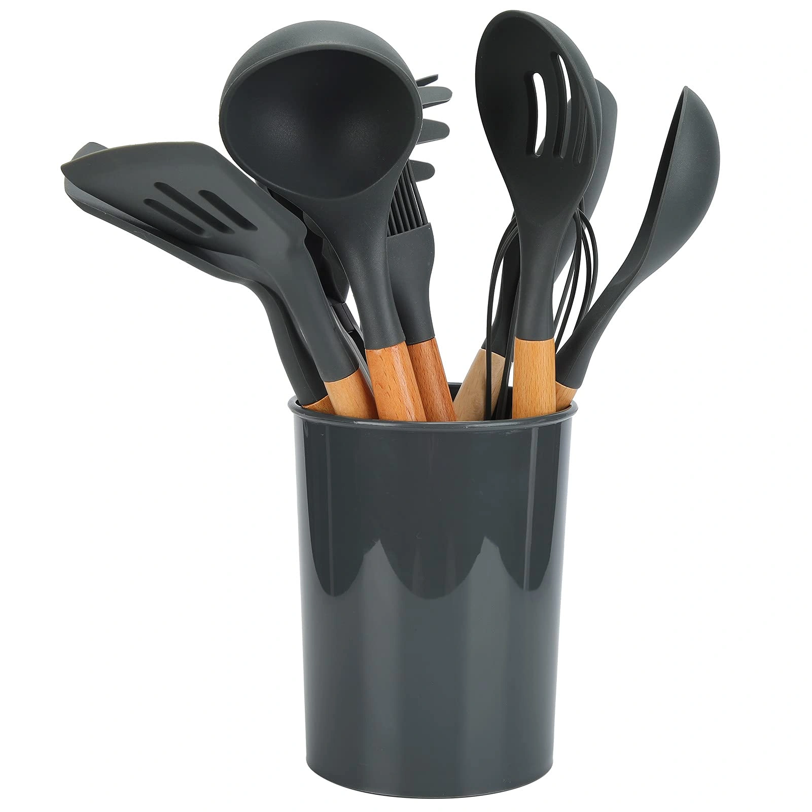12 Piece Silicone Kitchen Utensils - Non-Stick Cooking Tools with Wooden Handles, Heat Resistant to 480°F, Gray view 3