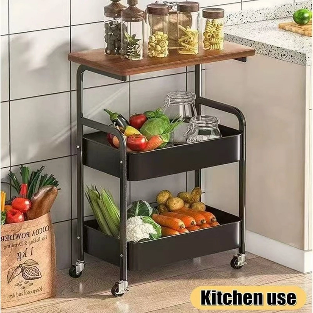 3 Tier Rolling Utility Cart 30" with Wooden Tabletop, Lightweight Storage Organizer with Lockable Wheels for Kitchen Office Bedroom view 2