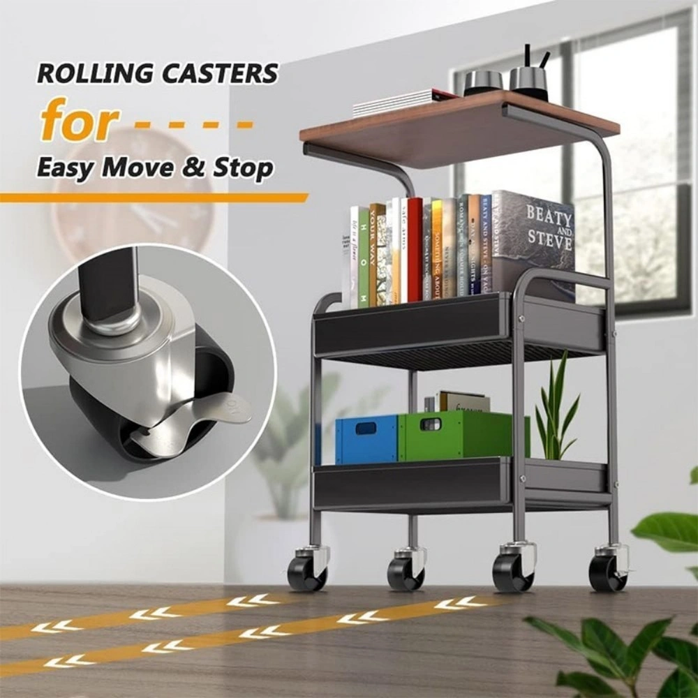 3 Tier Rolling Utility Cart 30" with Wooden Tabletop, Lightweight Storage Organizer with Lockable Wheels for Kitchen Office Bedroom view 5