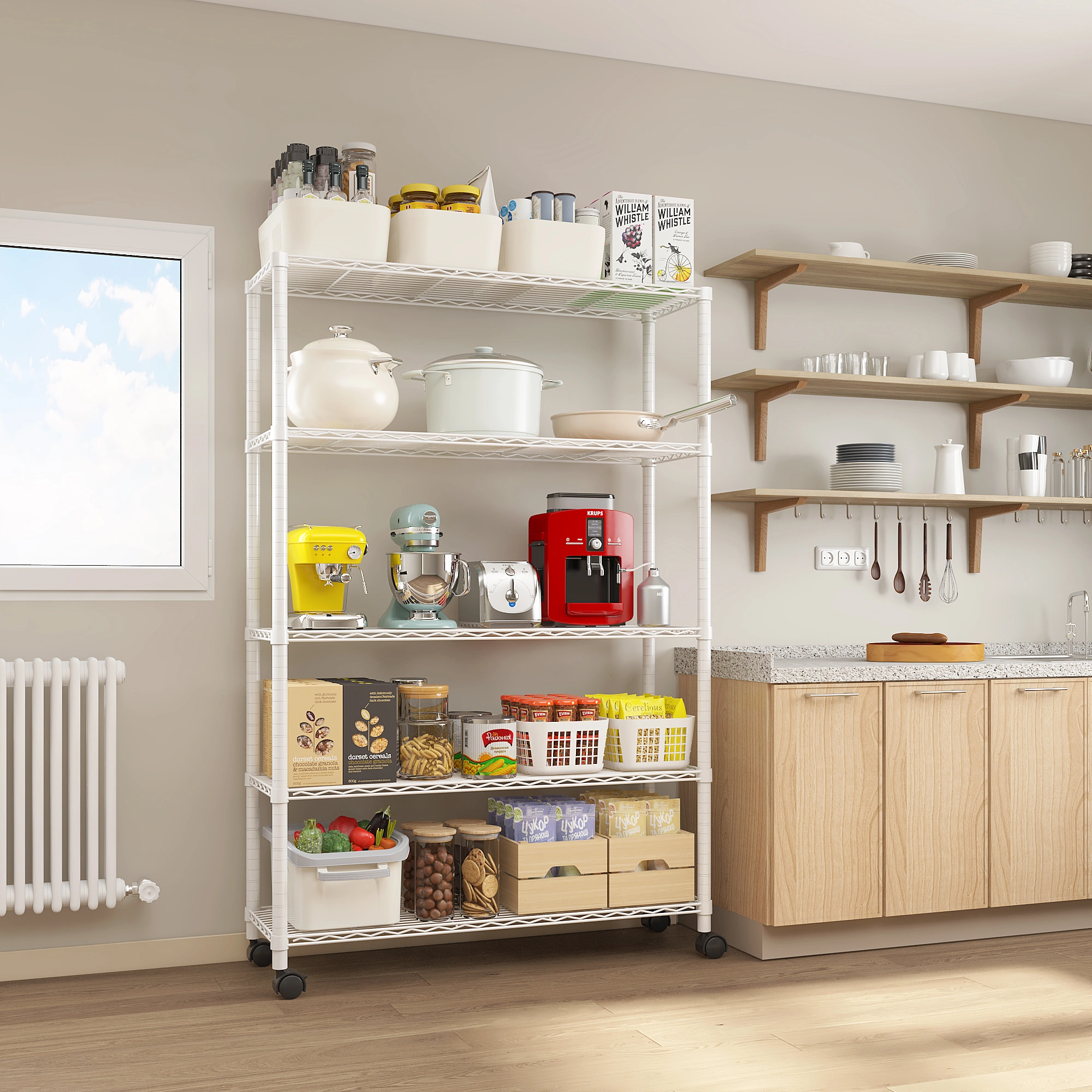 5-Layer Adjustable Shelf Iron Shelving Unit with 1.5" Nylon Wheels for Home Use 35.43*13.78*64.96in White