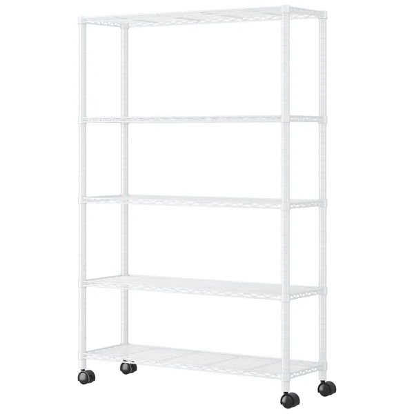 5-Layer Adjustable Shelf Iron Shelving Unit with 1.5" Nylon Wheels for Home Use 35.43*13.78*64.96in White view 2