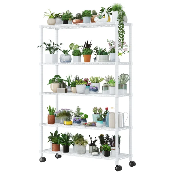 5-Layer Adjustable Shelf Iron Shelving Unit with 1.5" Nylon Wheels for Home Use 35.43*13.78*64.96in White view 3