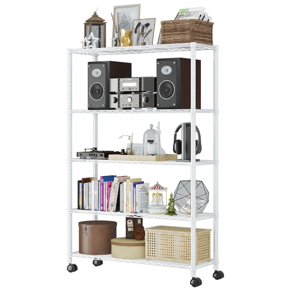5-Layer Adjustable Shelf Iron Shelving Unit with 1.5" Nylon Wheels for Home Use 35.43*13.78*64.96in White view 4