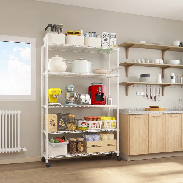 5-Layer Adjustable Shelf Iron Shelving Unit with 1.5" Nylon Wheels for Home Use 35.43*13.78*64.96in White
