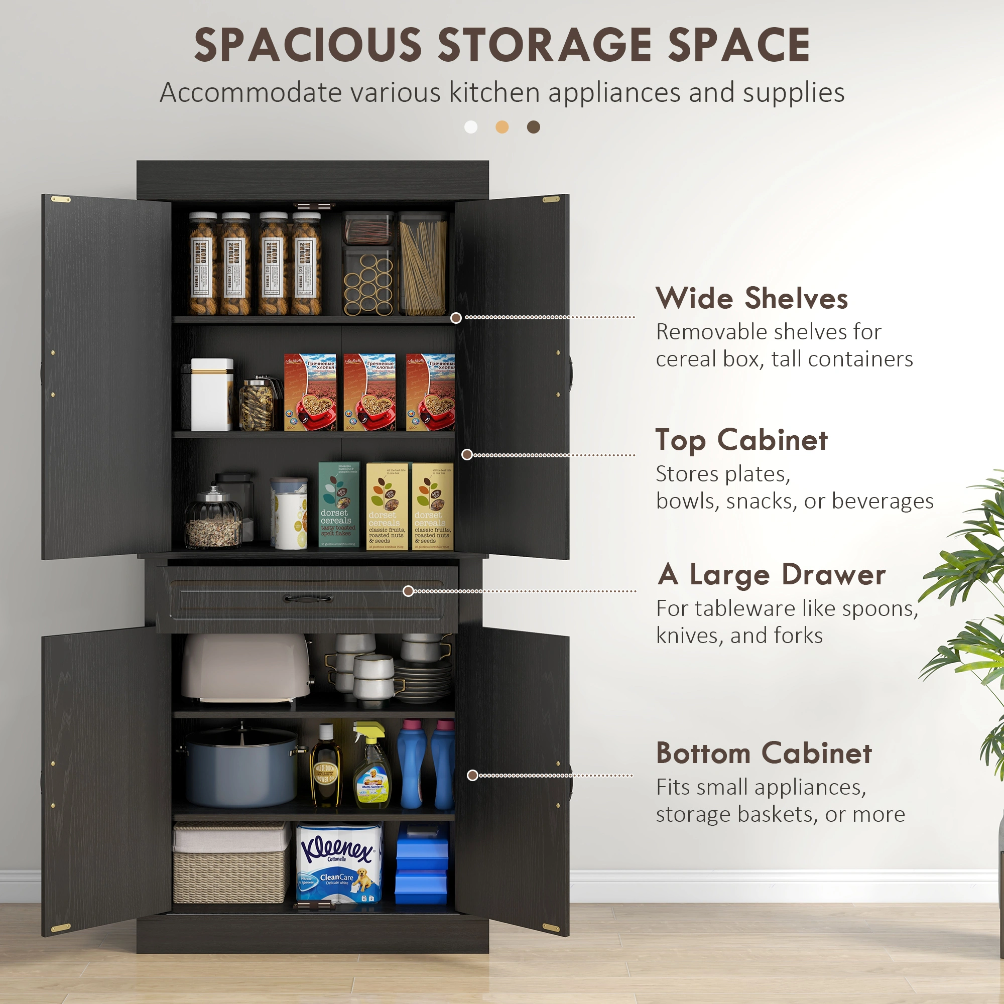Compact Kitchen Storage Cabinet - Freestanding Pantry Cupboard with Doors, Adjustable Shelves for Cookware, Dishes & Food Storage Organizer view 2