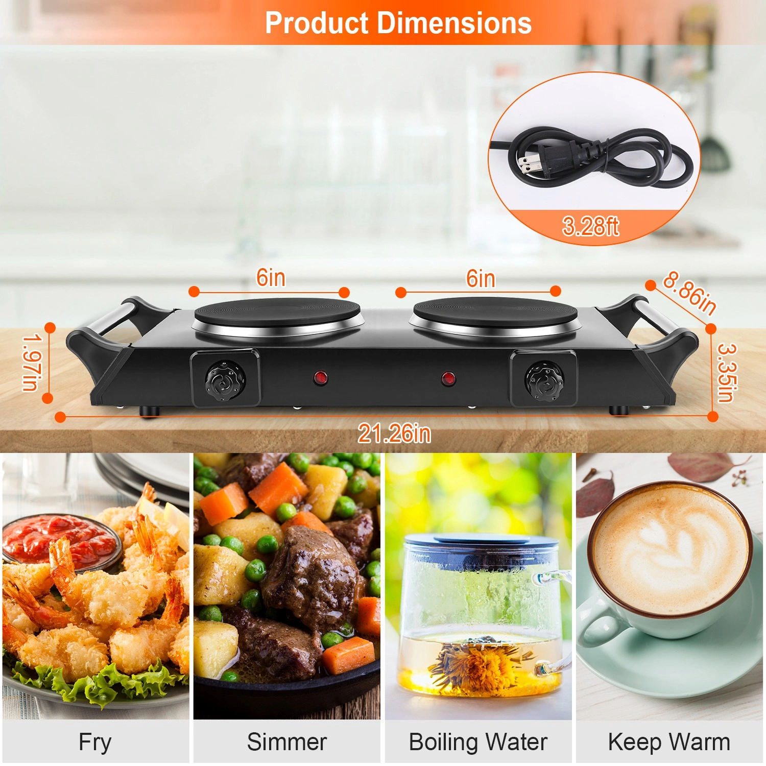 2000W Dual Burner Electric Hot Plate, 5 Temperature Settings (392℉-932℉), Portable Countertop Stove for All Flat Cookware, Fast & Even Heating, Easy to Clean, Ideal for Dorms, RVs, Apartments view 10