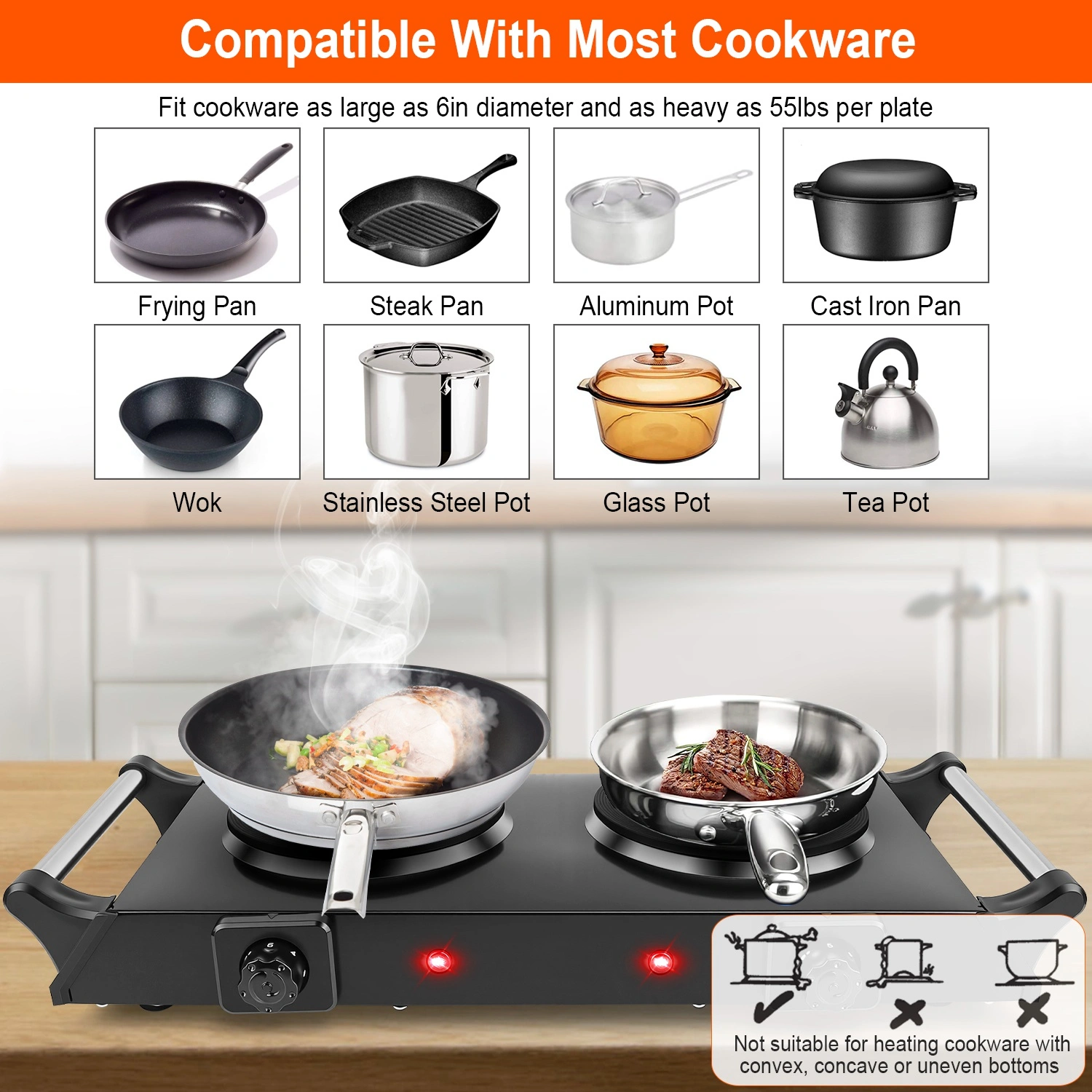 2000W Dual Burner Electric Hot Plate, 5 Temperature Settings (392℉-932℉), Portable Countertop Stove for All Flat Cookware, Fast & Even Heating, Easy to Clean, Ideal for Dorms, RVs, Apartments view 7
