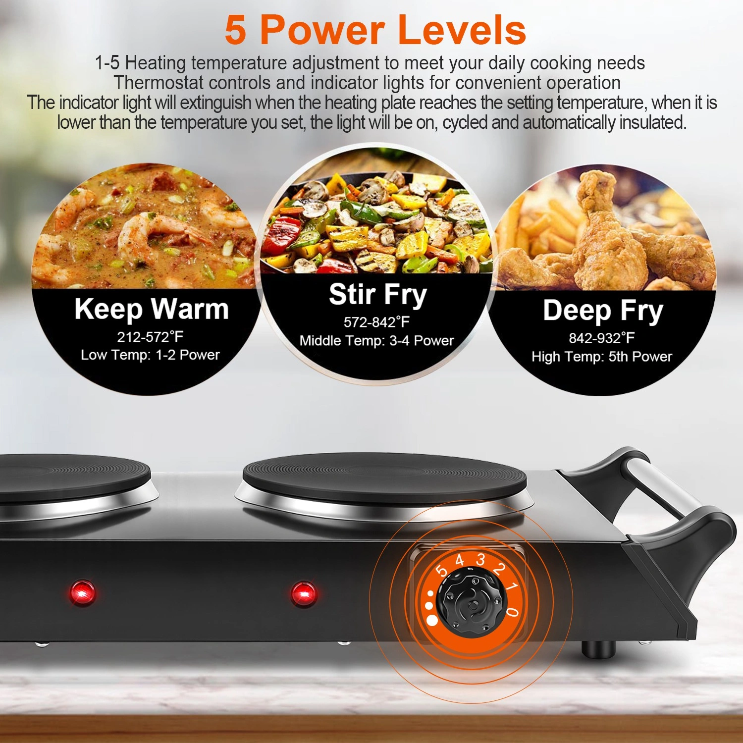 2000W Dual Burner Electric Hot Plate, 5 Temperature Settings (392℉-932℉), Portable Countertop Stove for All Flat Cookware, Fast & Even Heating, Easy to Clean, Ideal for Dorms, RVs, Apartments view 9
