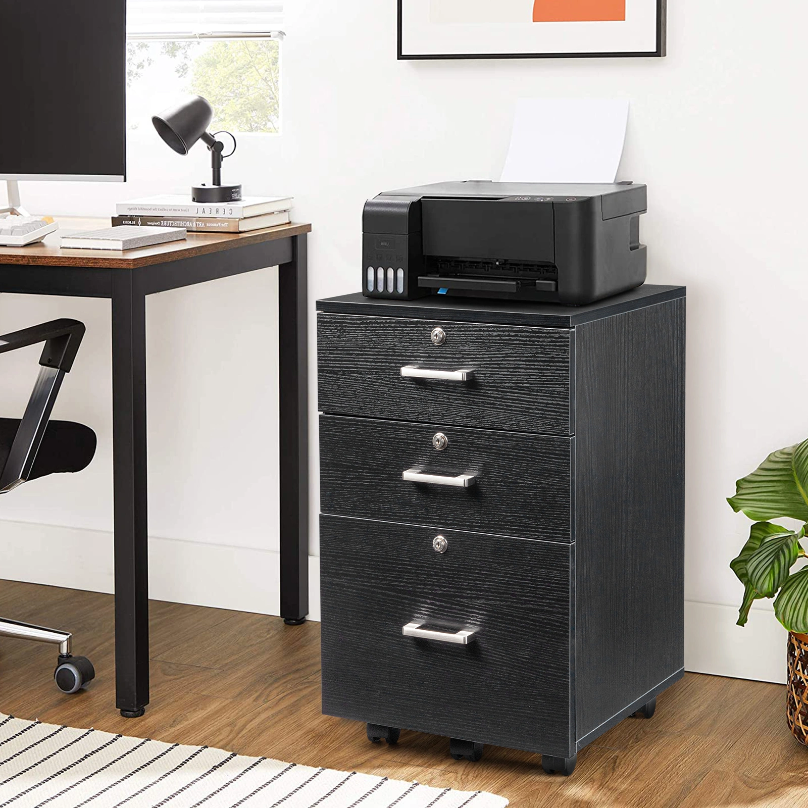 FCH 3-Drawer Filing Cabinet with Wood Grain Finish, Black MDF Office Storage Cabinet with Lock, 3 Tier File Organizer for Home Office