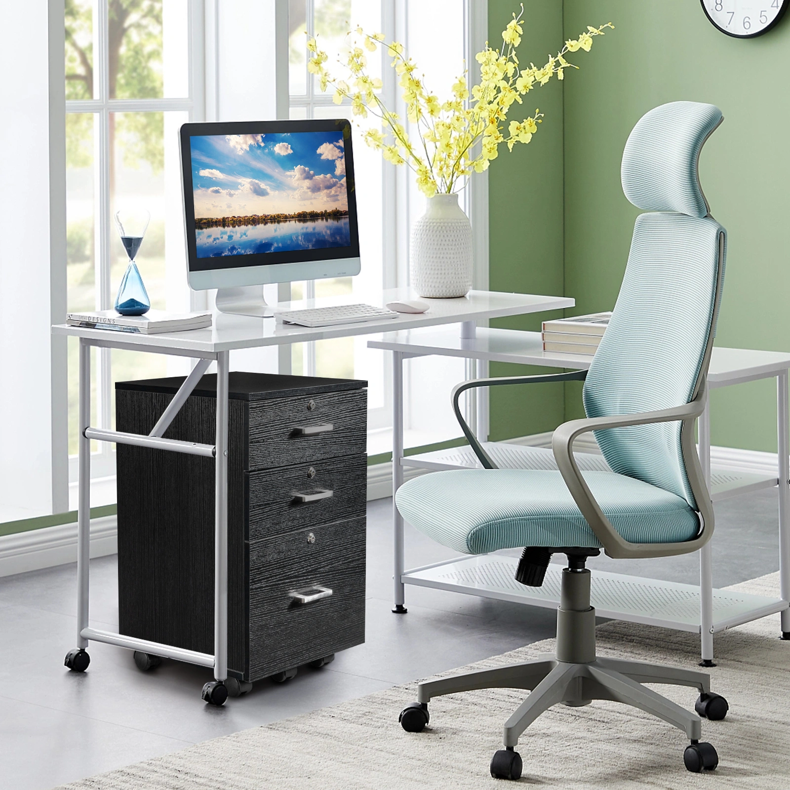FCH 3-Drawer Filing Cabinet with Wood Grain Finish, Black MDF Office Storage Cabinet with Lock, 3 Tier File Organizer for Home Office view 10