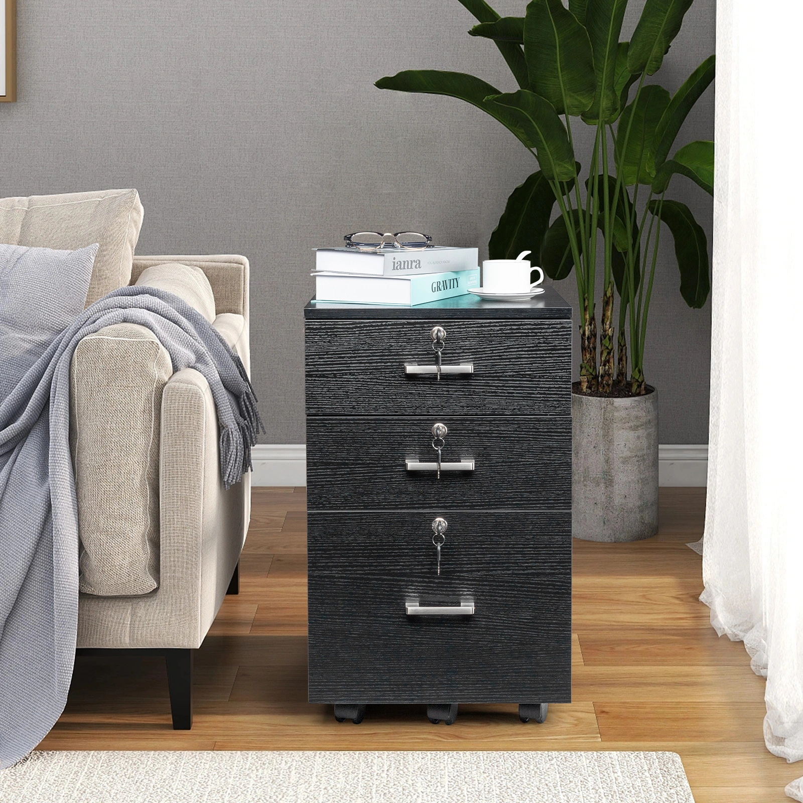 FCH 3-Drawer Filing Cabinet with Wood Grain Finish, Black MDF Office Storage Cabinet with Lock, 3 Tier File Organizer for Home Office view 13