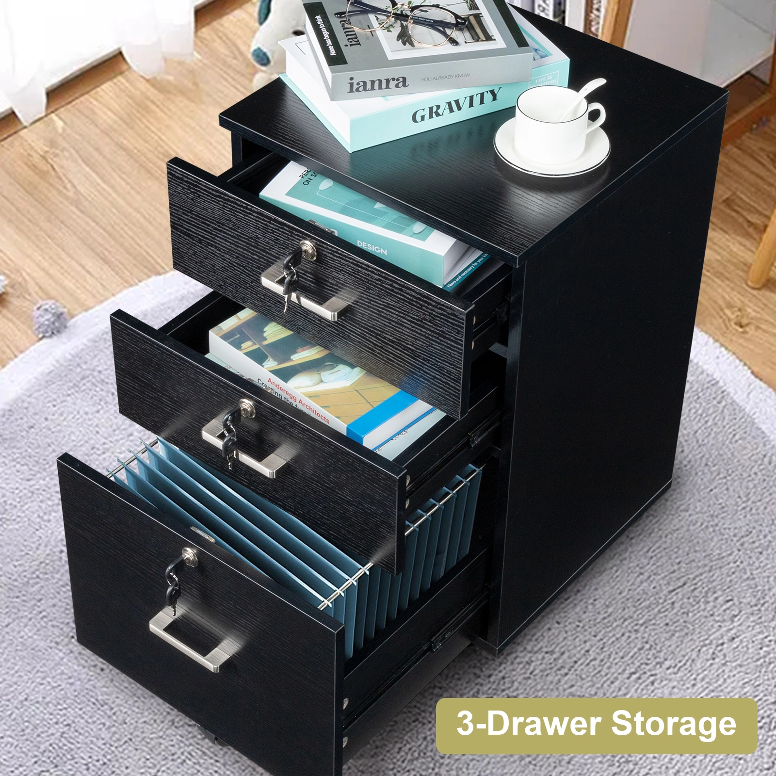 FCH 3-Drawer Filing Cabinet with Wood Grain Finish, Black MDF Office Storage Cabinet with Lock, 3 Tier File Organizer for Home Office view 14