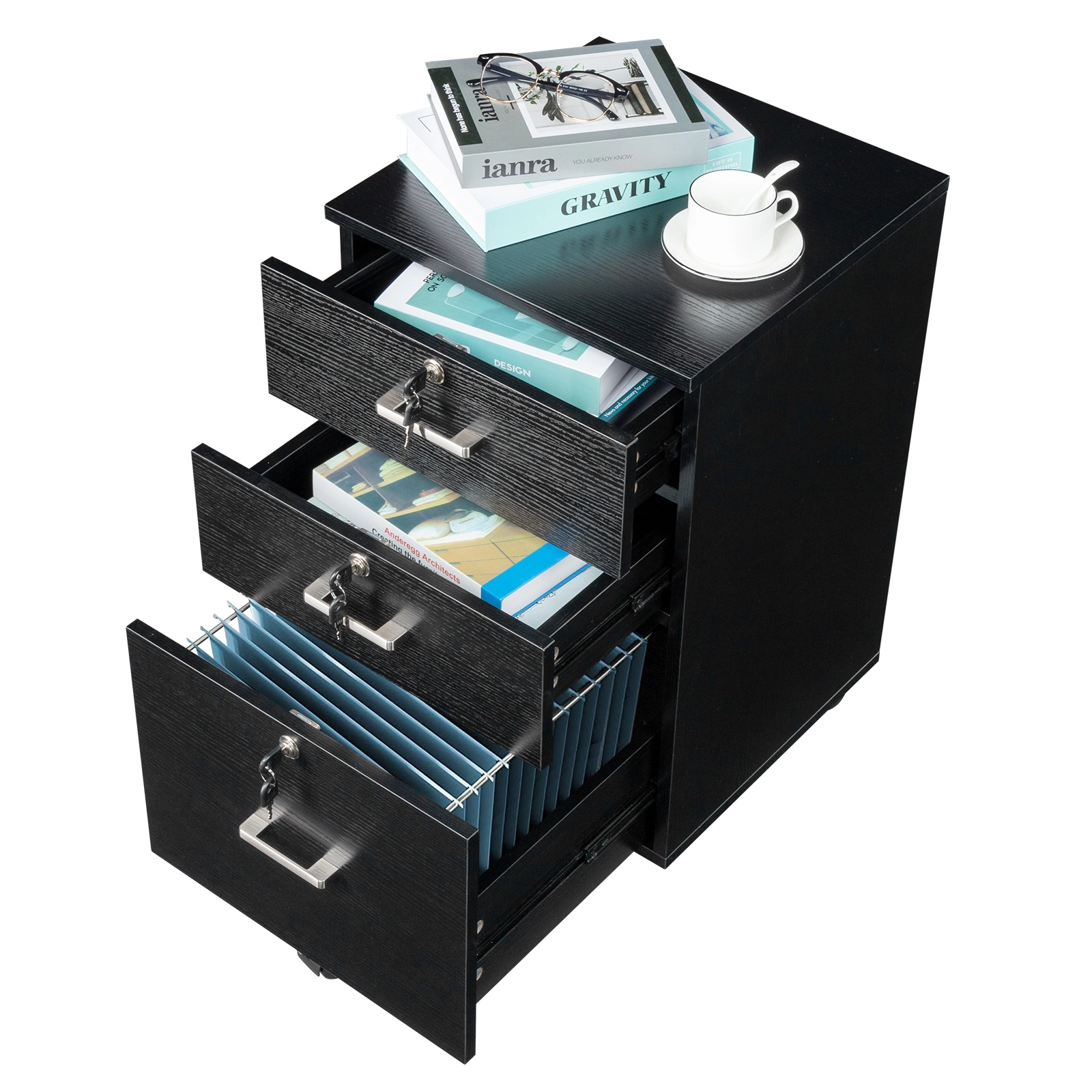 FCH 3-Drawer Filing Cabinet with Wood Grain Finish, Black MDF Office Storage Cabinet with Lock, 3 Tier File Organizer for Home Office view 7