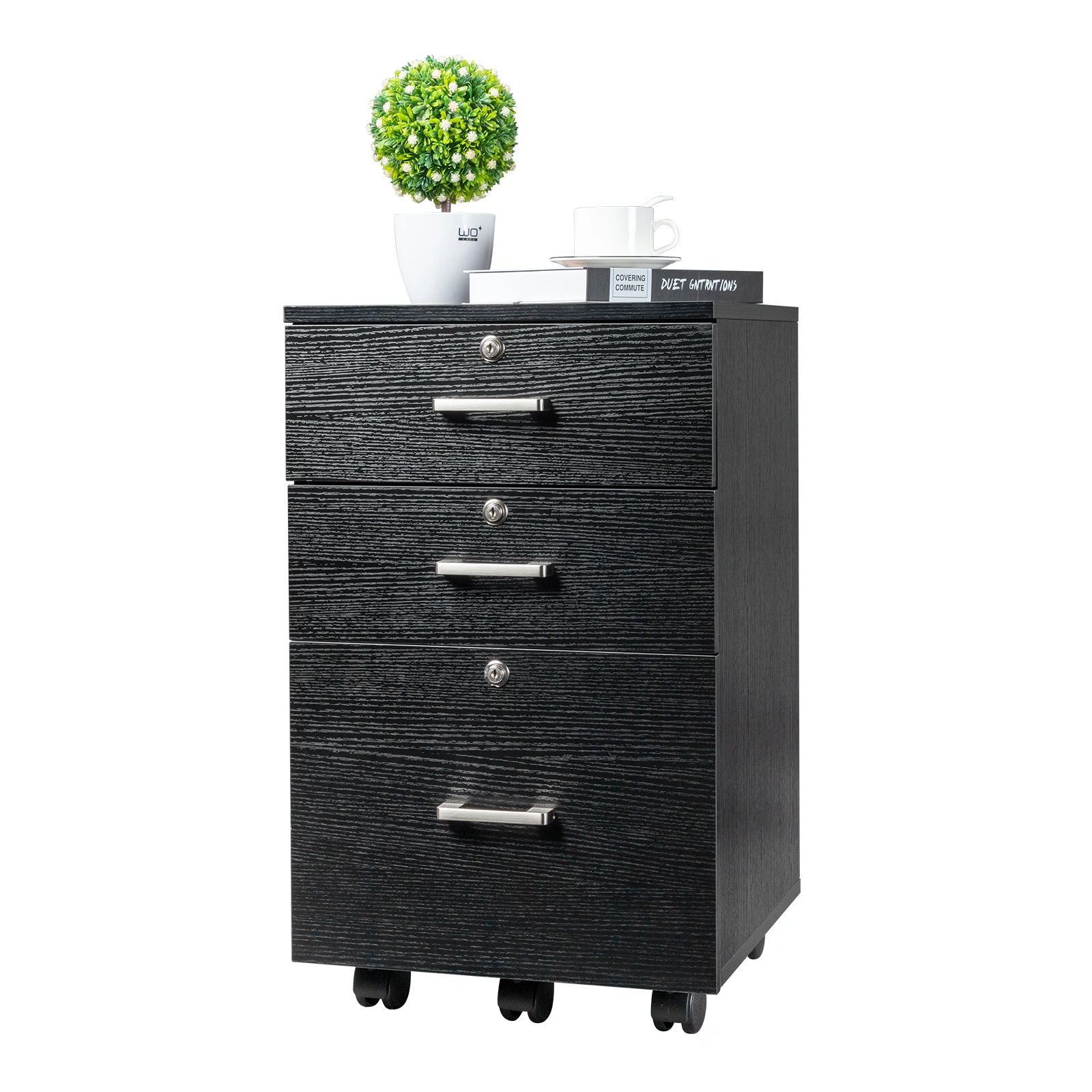 FCH 3-Drawer Filing Cabinet with Wood Grain Finish, Black MDF Office Storage Cabinet with Lock, 3 Tier File Organizer for Home Office view 9