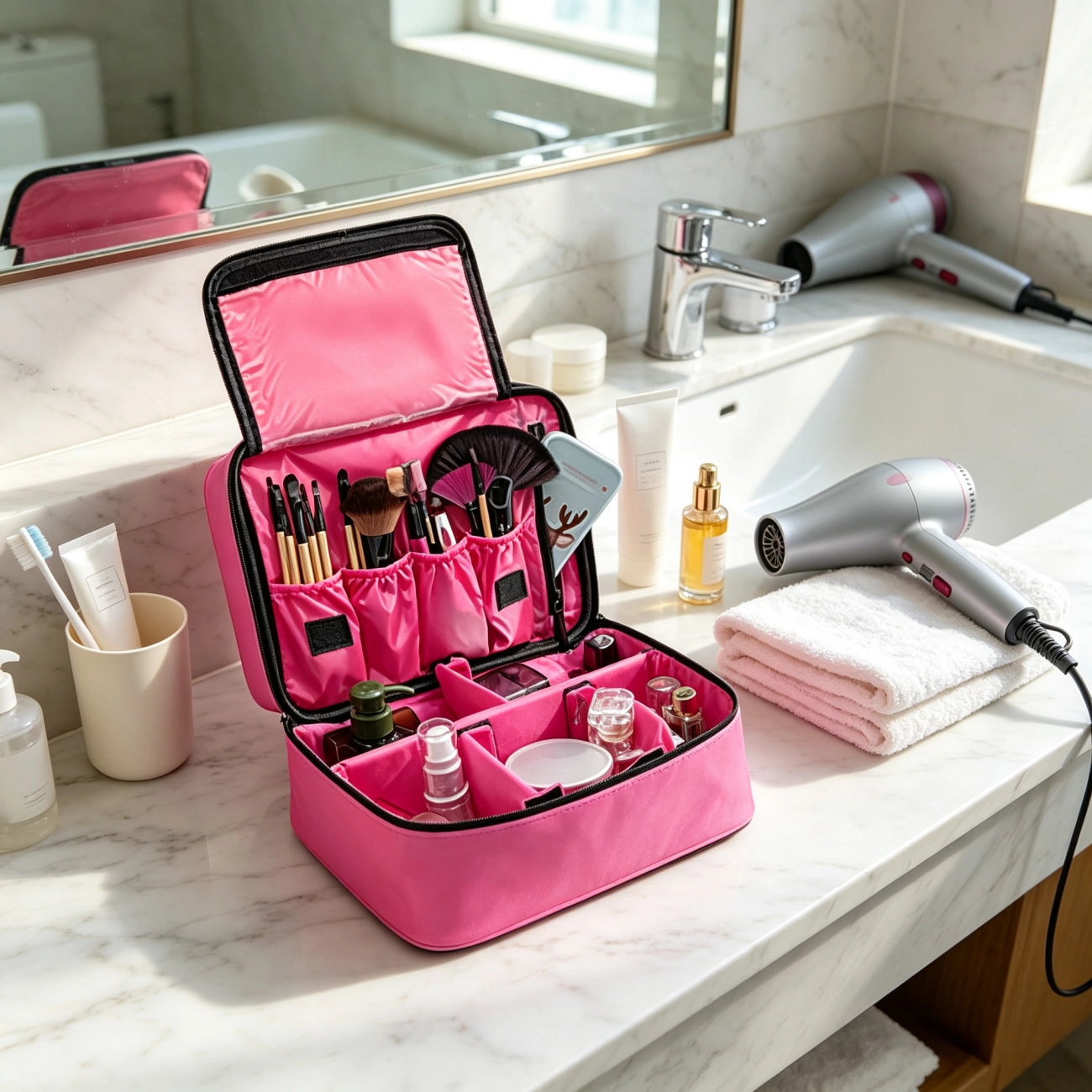 Makeup Bag Portable Handle Storage Organizer Travel Wash Case Pink Cosmetic Pouch US Logistics USPS.TK/TMEU Self-pickup view 4