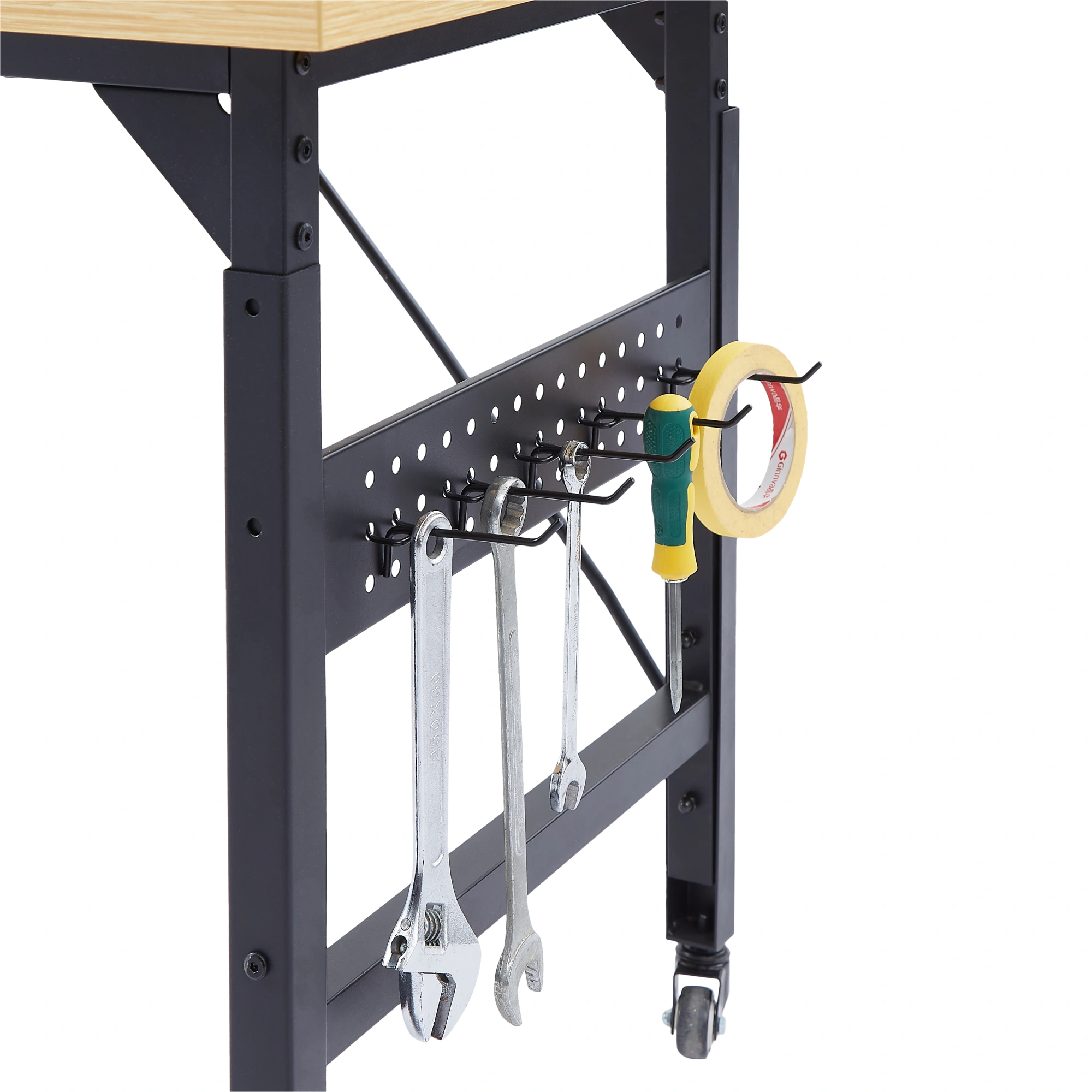 48'' Adjustable Workbench with Wheels, Heavy Duty Wooden Workstation 1600 lb, Pegboard, AC/USB Outlet, Hooks, Shelf for Garage Workshop view 15