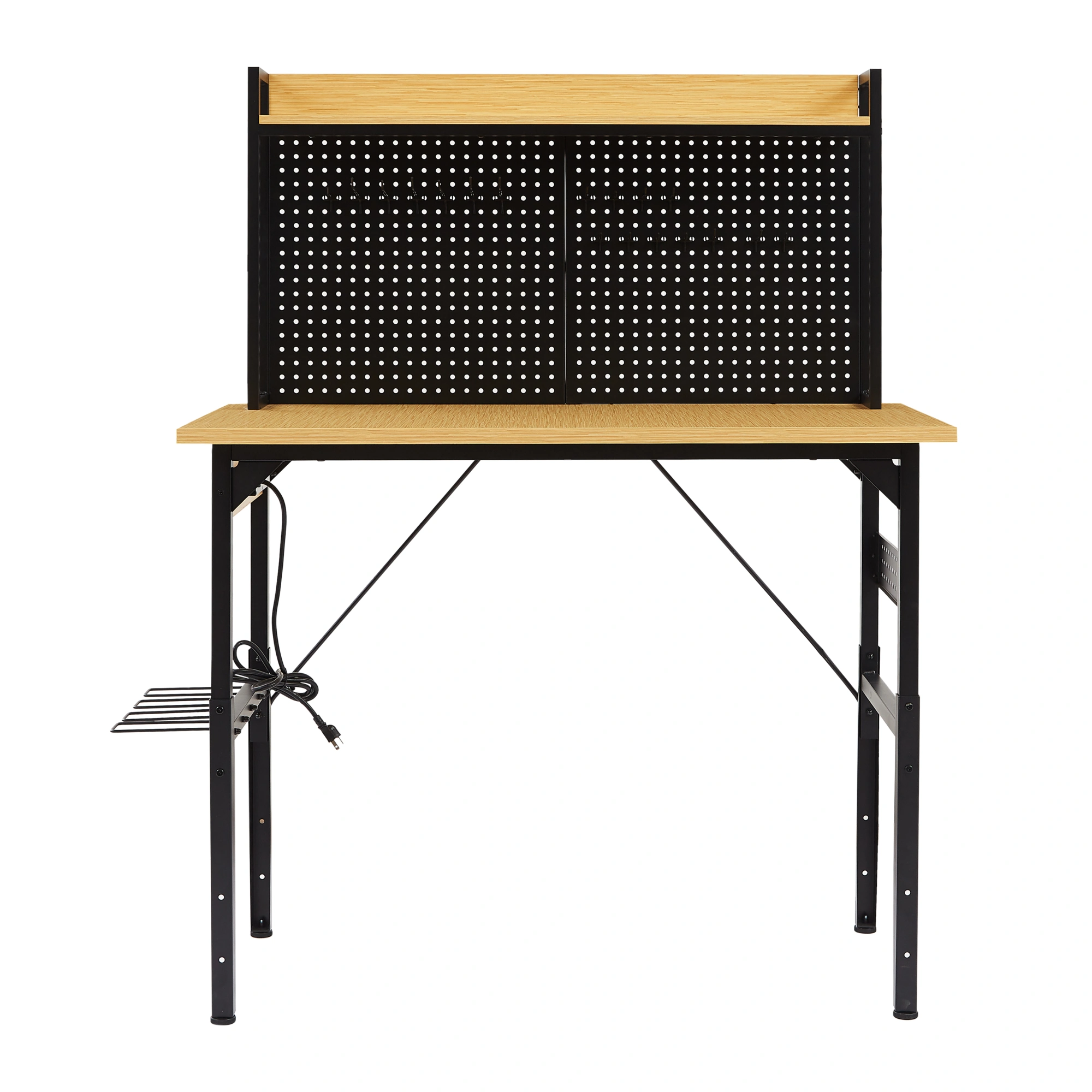 48'' Adjustable Workbench with Wheels, Heavy Duty Wooden Workstation 1600 lb, Pegboard, AC/USB Outlet, Hooks, Shelf for Garage Workshop view 16