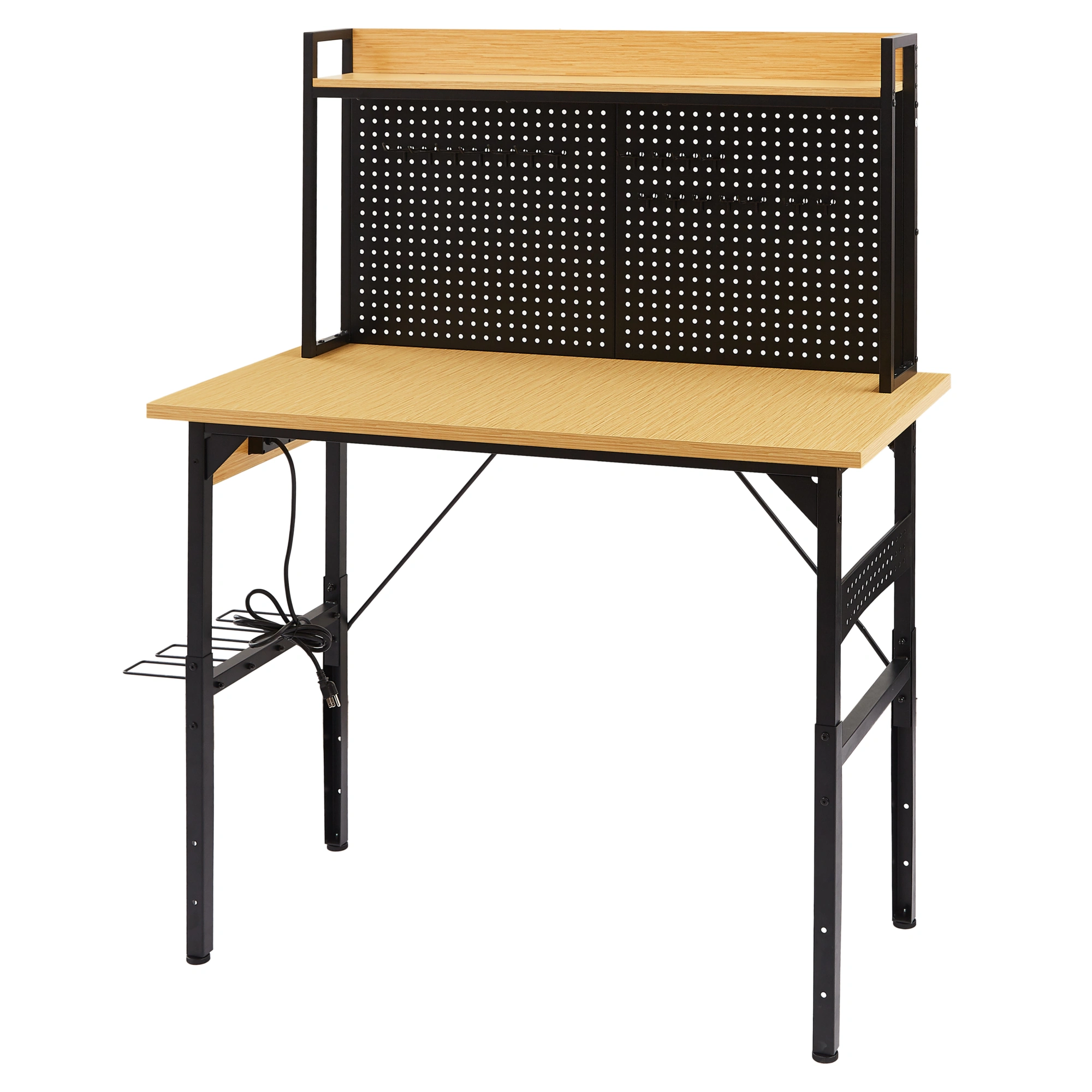 48'' Adjustable Workbench with Wheels, Heavy Duty Wooden Workstation 1600 lb, Pegboard, AC/USB Outlet, Hooks, Shelf for Garage Workshop view 17
