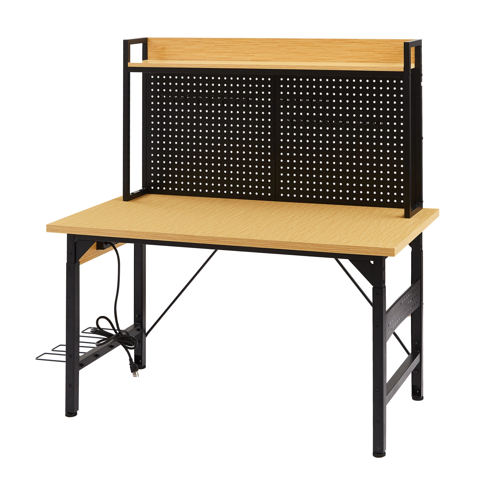 48'' Adjustable Workbench with Wheels, Heavy Duty Wooden Workstation 1600 lb, Pegboard, AC/USB Outlet, Hooks, Shelf for Garage Workshop view 18