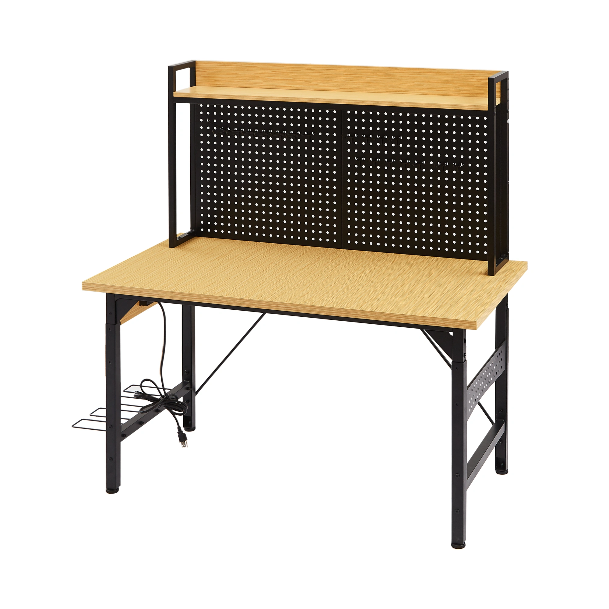 48'' Adjustable Workbench with Wheels, Heavy Duty Wooden Workstation 1600 lb, Pegboard, AC/USB Outlet, Hooks, Shelf for Garage Workshop view 19