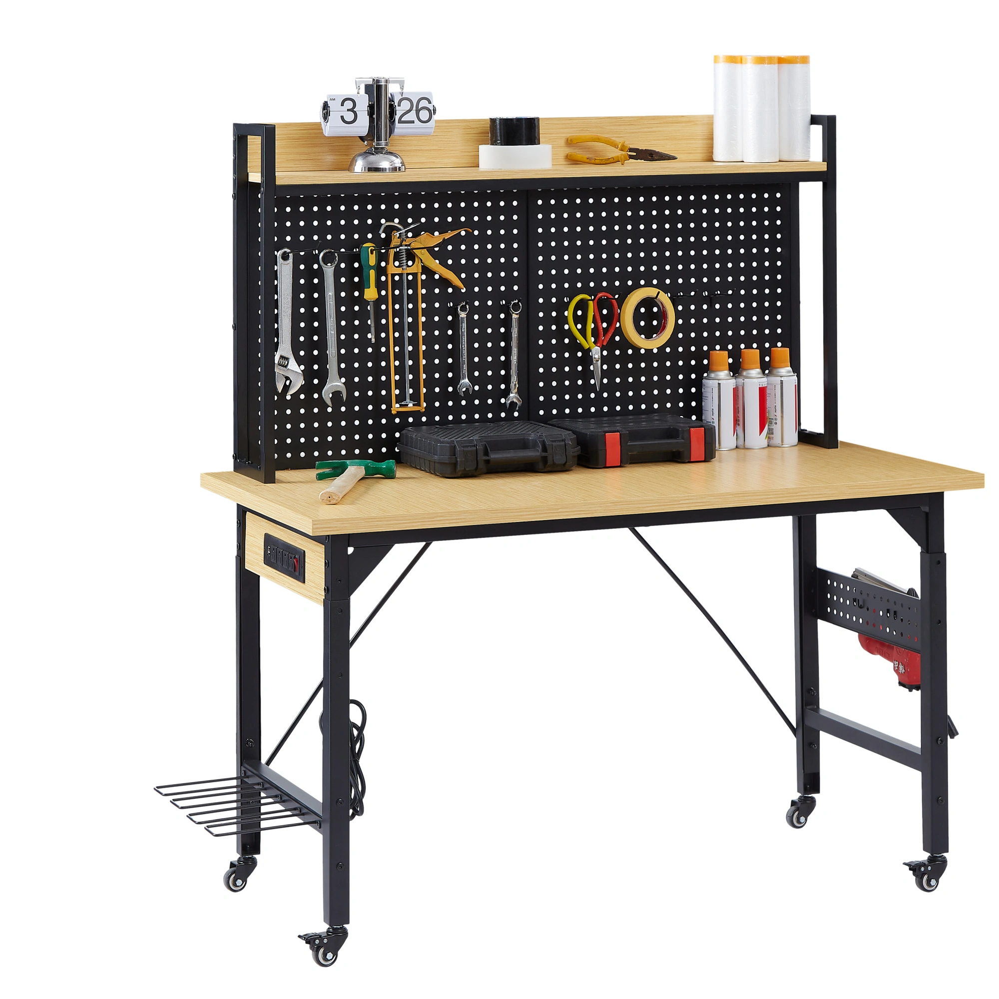 48'' Adjustable Workbench with Wheels, Heavy Duty Wooden Workstation 1600 lb, Pegboard, AC/USB Outlet, Hooks, Shelf for Garage Workshop view 21