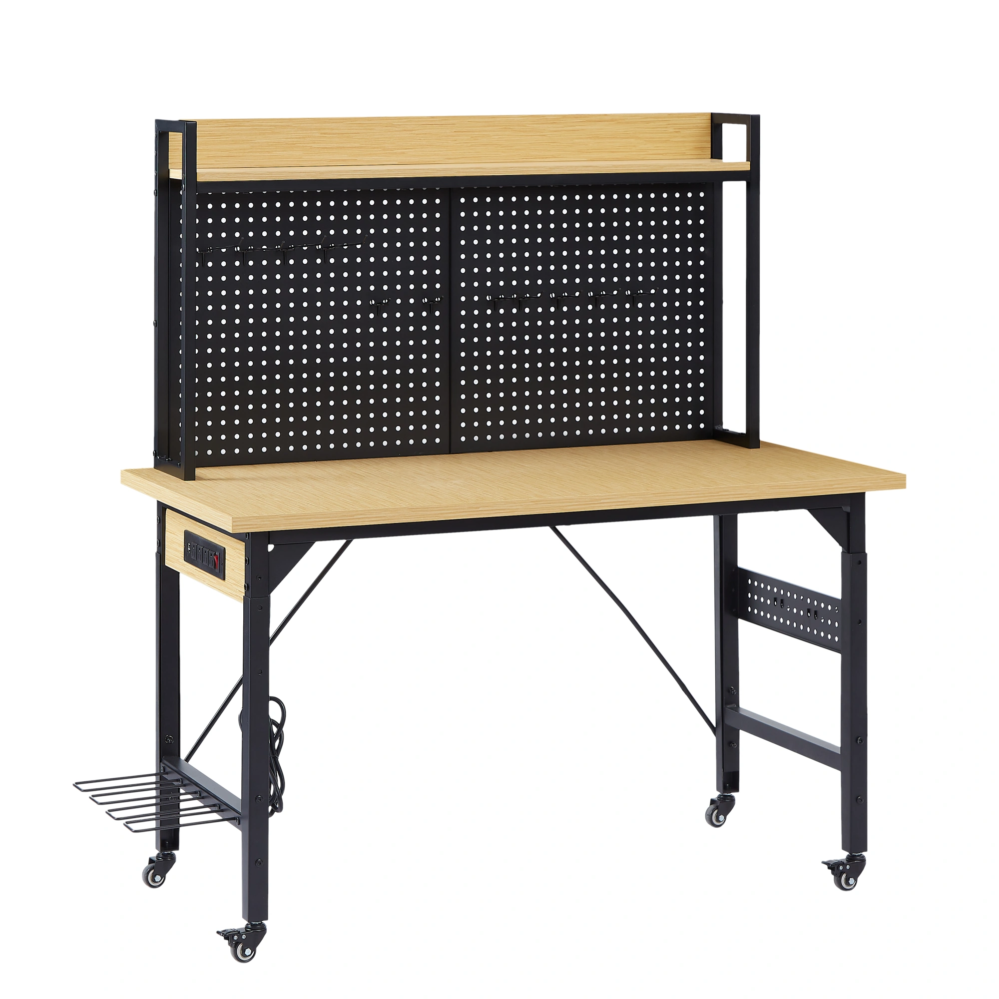 48'' Adjustable Workbench with Wheels, Heavy Duty Wooden Workstation 1600 lb, Pegboard, AC/USB Outlet, Hooks, Shelf for Garage Workshop view 22