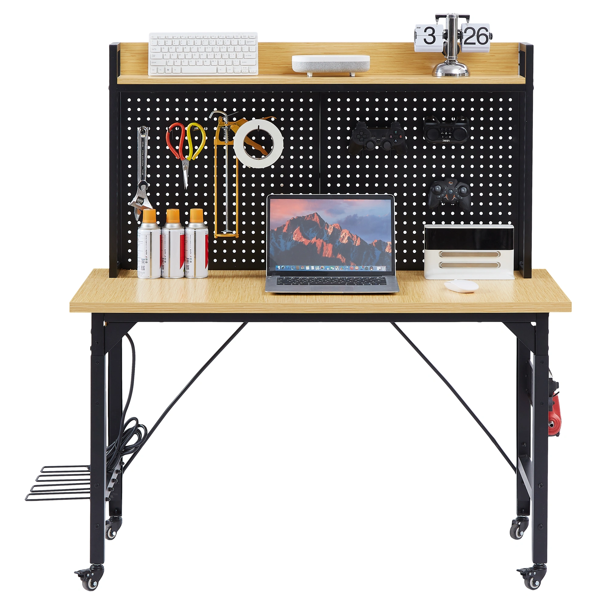 48'' Adjustable Workbench with Wheels, Heavy Duty Wooden Workstation 1600 lb, Pegboard, AC/USB Outlet, Hooks, Shelf for Garage Workshop view 23
