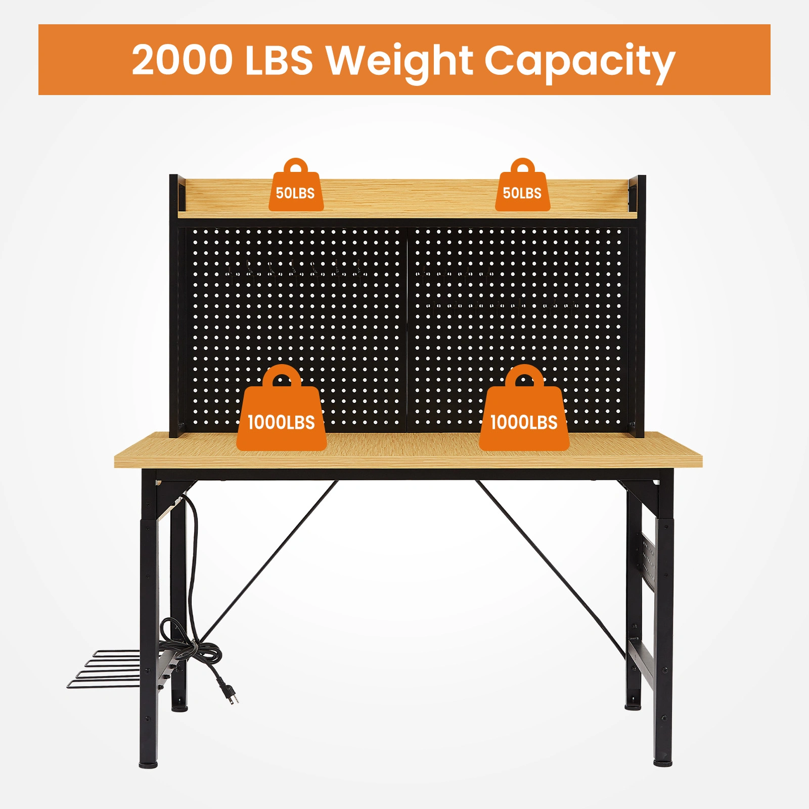 48'' Adjustable Workbench with Wheels, Heavy Duty Wooden Workstation 1600 lb, Pegboard, AC/USB Outlet, Hooks, Shelf for Garage Workshop view 3