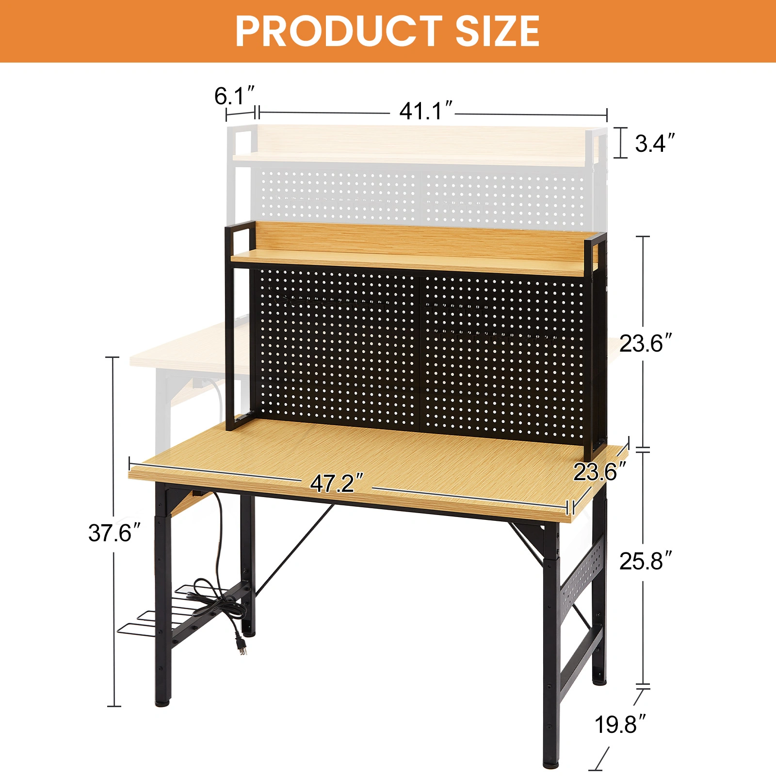48'' Adjustable Workbench with Wheels, Heavy Duty Wooden Workstation 1600 lb, Pegboard, AC/USB Outlet, Hooks, Shelf for Garage Workshop view 5