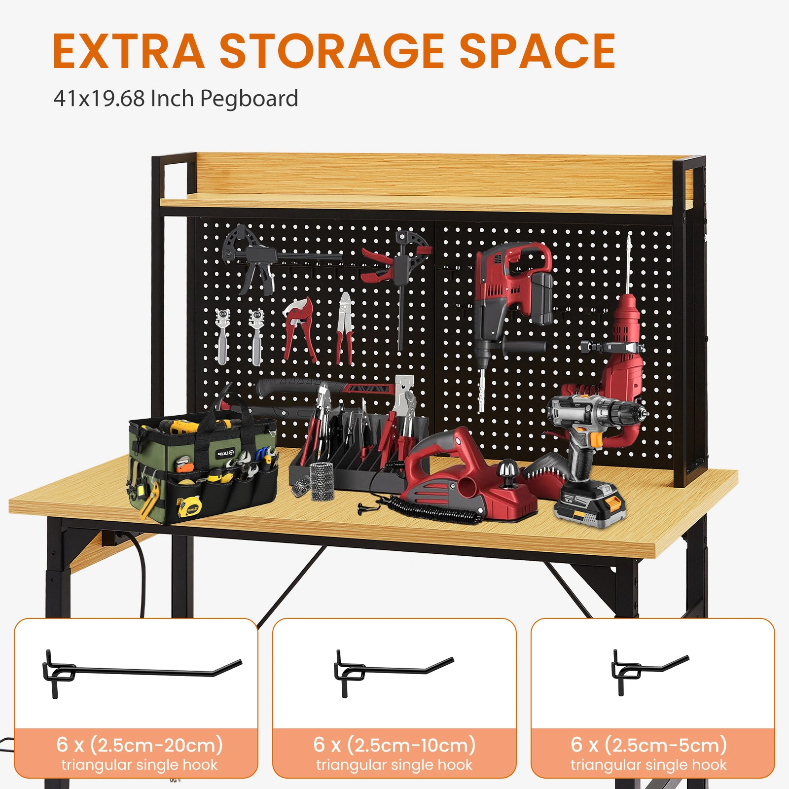 48'' Adjustable Workbench with Wheels, Heavy Duty Wooden Workstation 1600 lb, Pegboard, AC/USB Outlet, Hooks, Shelf for Garage Workshop view 7