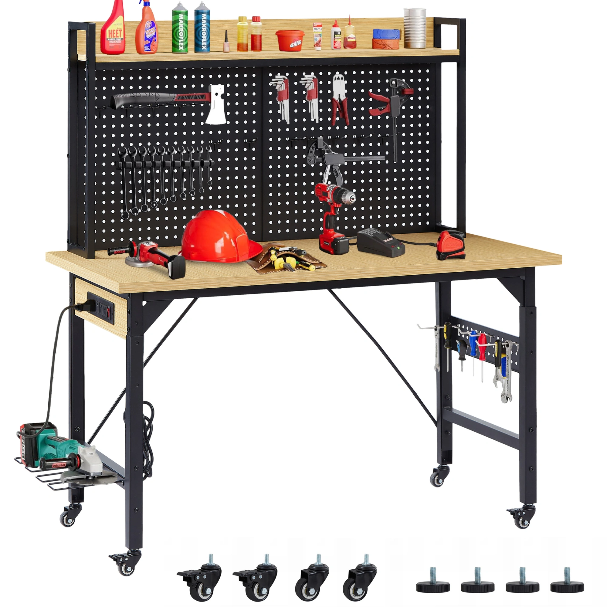 48'' Adjustable Workbench with Wheels, Heavy Duty Wooden Workstation 1600 lb, Pegboard, AC/USB Outlet, Hooks, Shelf for Garage Workshop view 8