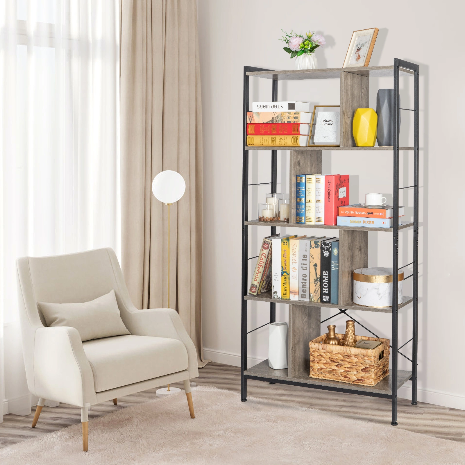 4-Tier Industrial Steel Bookshelf | Floor Standing Storage Rack | Wide Shelving Unit for Living Room Office Study | Easy Assembly | Gray view 2