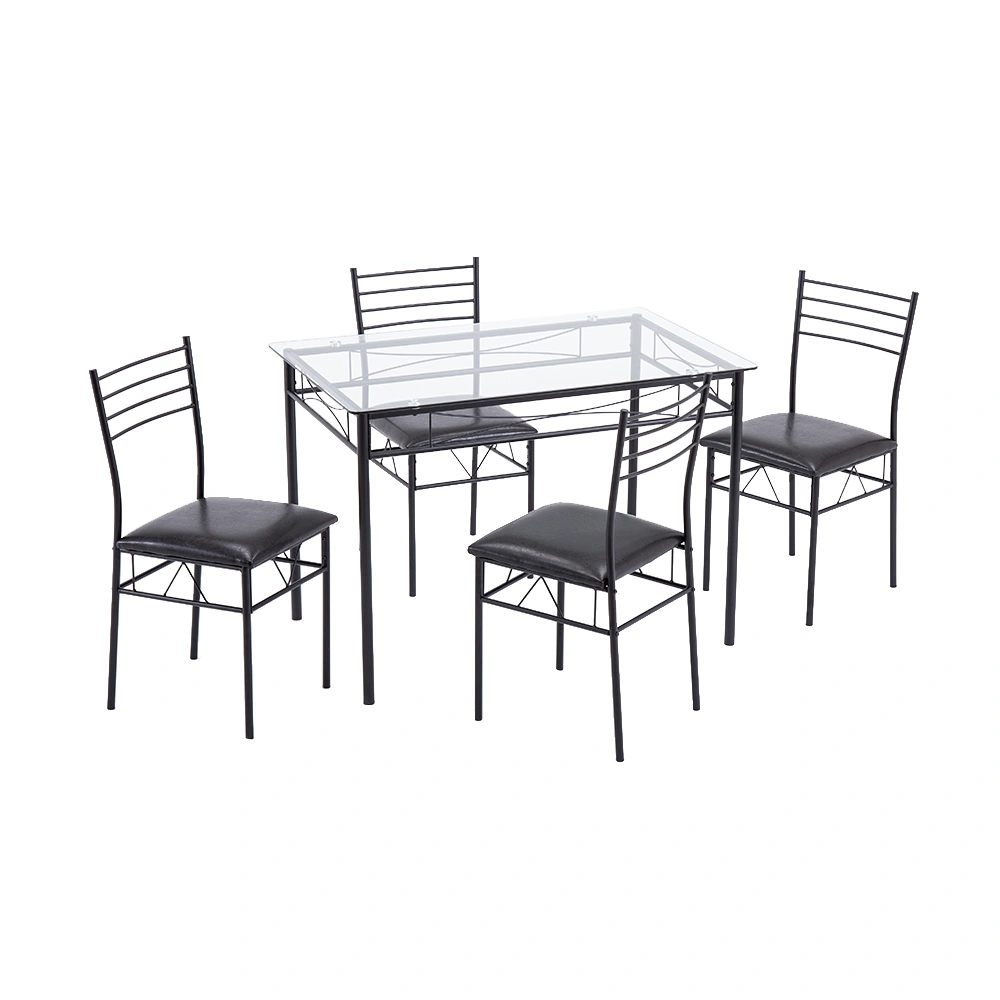 Black Iron Glass Dining Table Set, 4 Chairs with PU Cushion Seats, 5-Piece Metal Frame Table and Chair Set for Dining Room view 3
