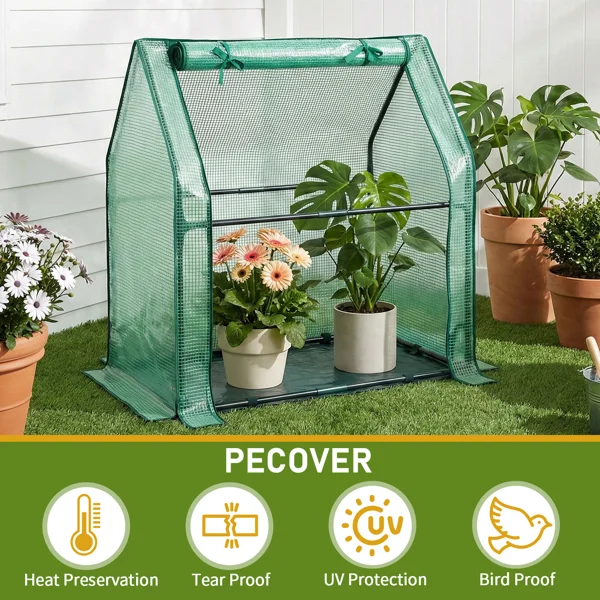 Mini Greenhouse with PE Cover, Indoor Outdoor Plant Gardening Green House for Garden Backyard, 36*18*33in, Green view 3
