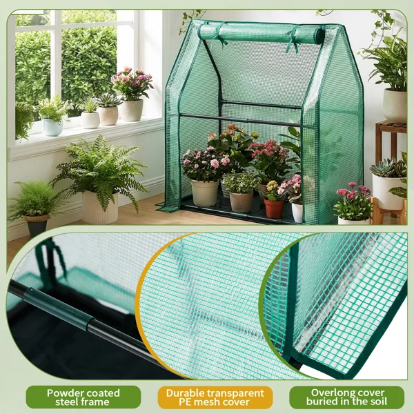 Mini Greenhouse with PE Cover, Indoor Outdoor Plant Gardening Green House for Garden Backyard, 36*18*33in, Green view 6