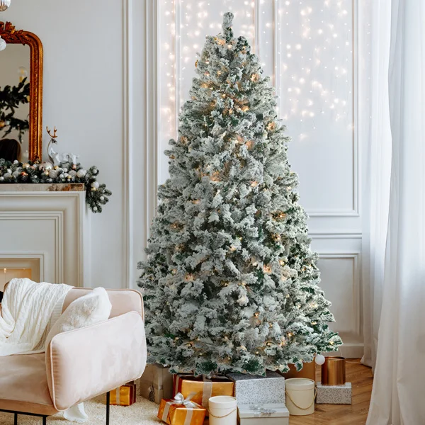 7 FT Pre-lit Snow Flocked Christmas Tree, Artificial Hinged Xmas Pine Tree with 1000 Branch Tips, 400 Lights and Remote Control for Holiday Party Office Home, Snowy Green view 2