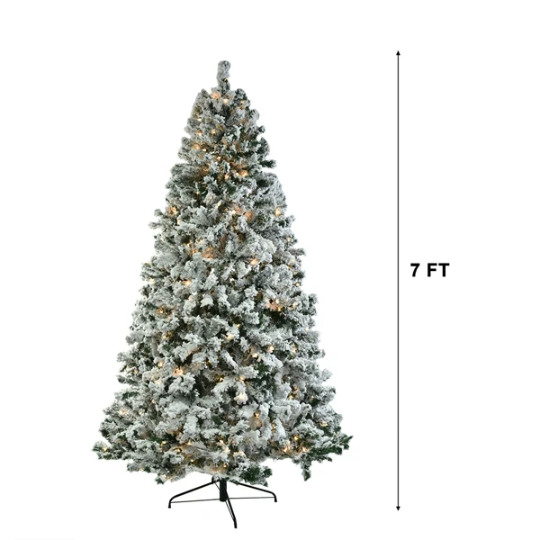 7 FT Pre-lit Snow Flocked Christmas Tree, Artificial Hinged Xmas Pine Tree with 1000 Branch Tips, 400 Lights and Remote Control for Holiday Party Office Home, Snowy Green view 3