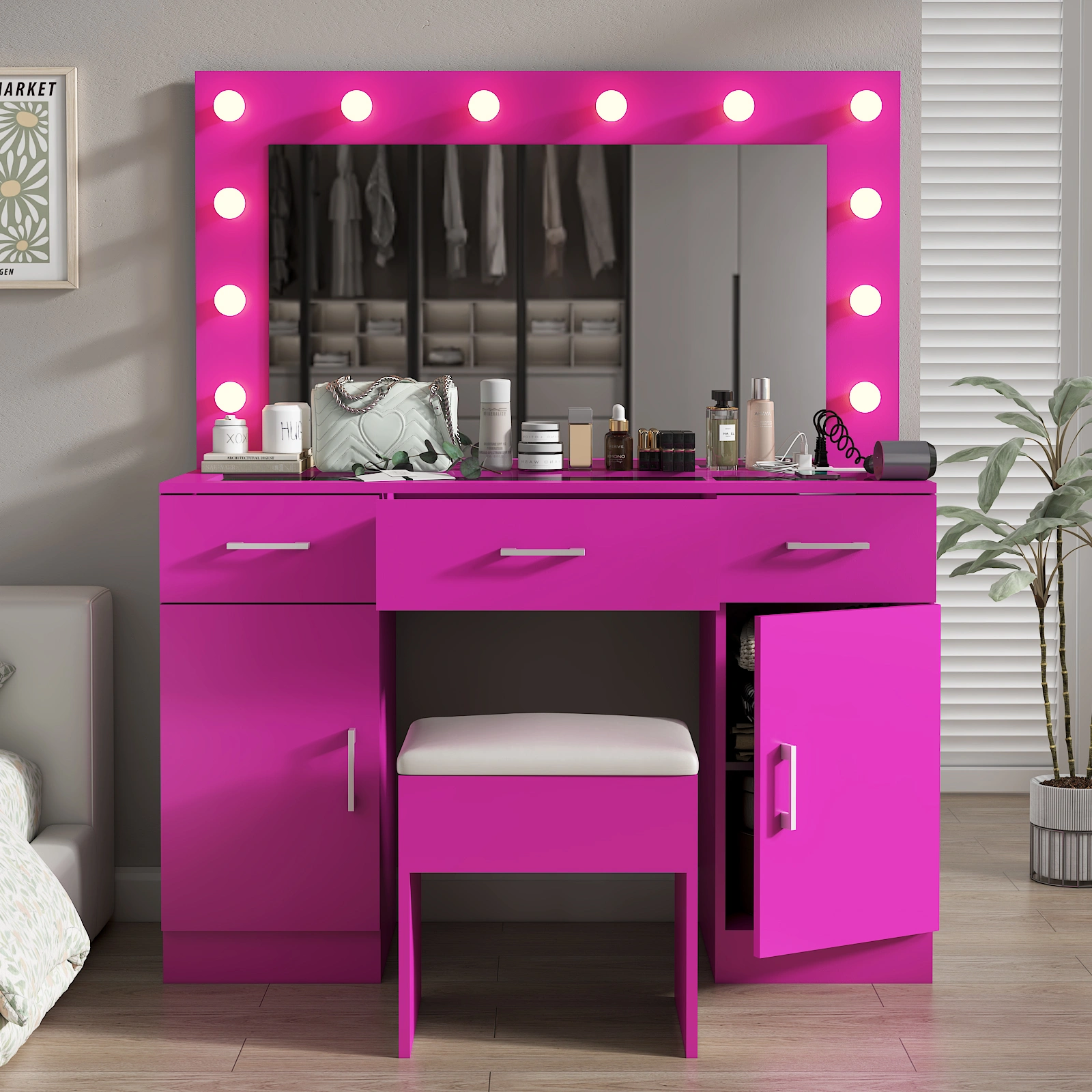 Vanity Desk Set with Large Lighted Mirror and Powre Outlet, Glass Top Makeup Vanity with 3 Drawers and 2 Cabinets, Vanity Table with 12 LED Lights, 3 Lighting Color Adjustable, Pink view 11