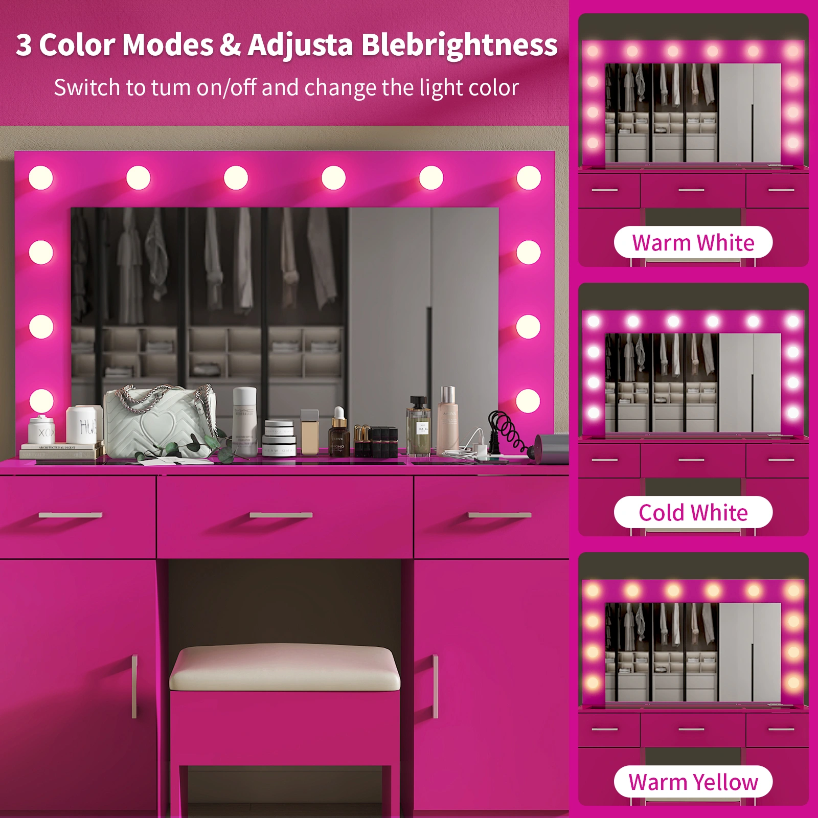 Vanity Desk Set with Large Lighted Mirror and Powre Outlet, Glass Top Makeup Vanity with 3 Drawers and 2 Cabinets, Vanity Table with 12 LED Lights, 3 Lighting Color Adjustable, Pink view 12