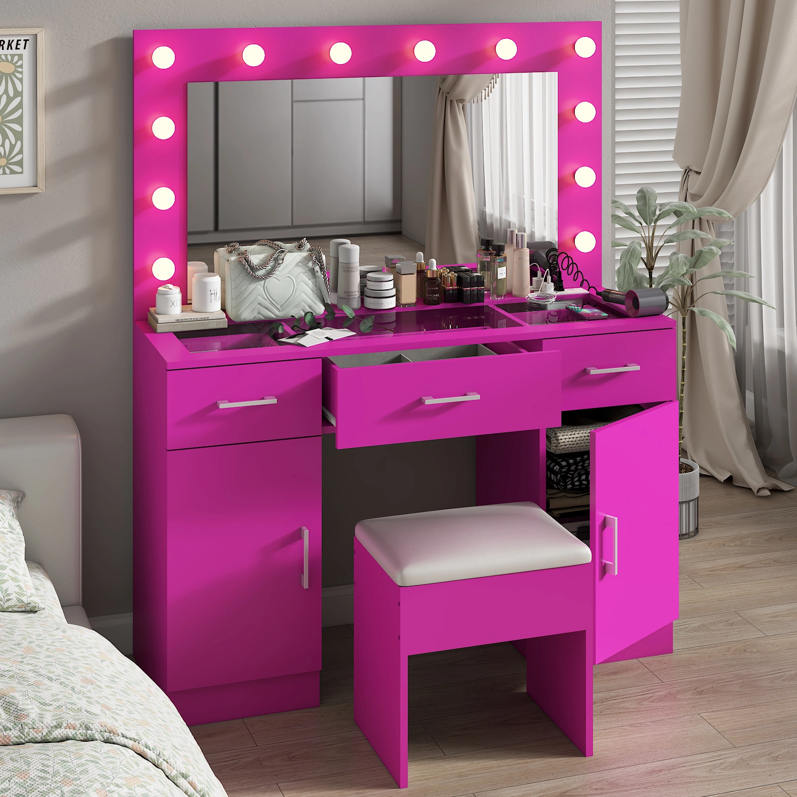 Vanity Desk Set with Large Lighted Mirror and Powre Outlet, Glass Top Makeup Vanity with 3 Drawers and 2 Cabinets, Vanity Table with 12 LED Lights, 3 Lighting Color Adjustable, Pink view 13
