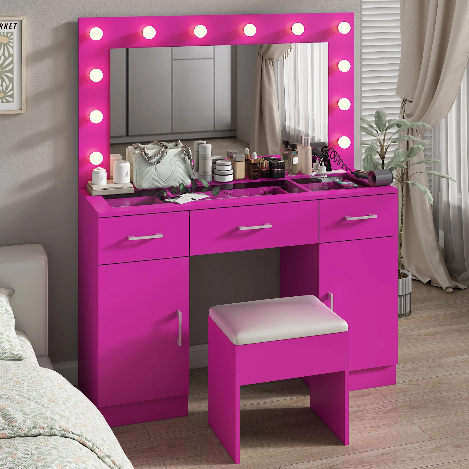 Vanity Desk Set with Large Lighted Mirror and Powre Outlet, Glass Top Makeup Vanity with 3 Drawers and 2 Cabinets, Vanity Table with 12 LED Lights, 3 Lighting Color Adjustable, Pink view 2