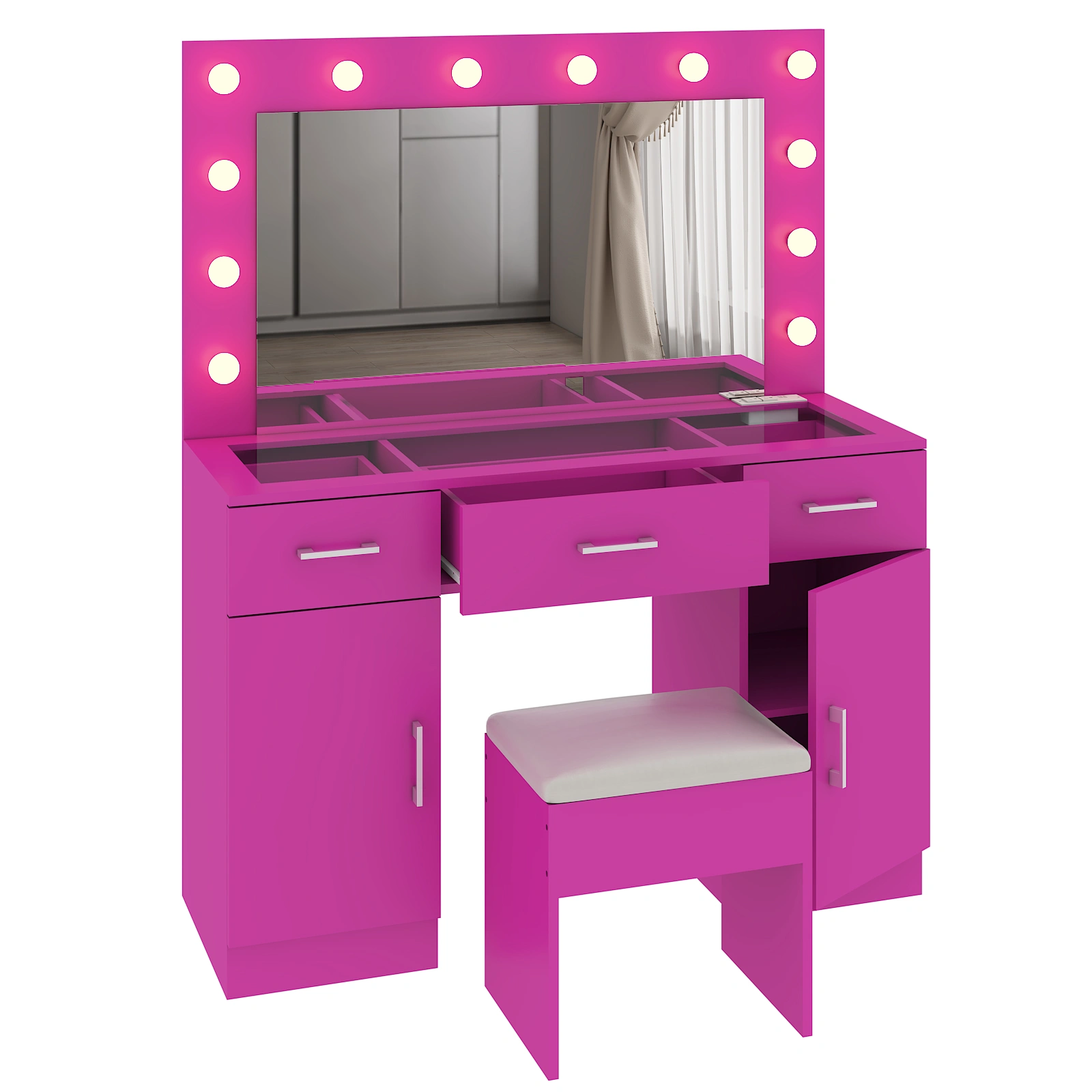 Vanity Desk Set with Large Lighted Mirror and Powre Outlet, Glass Top Makeup Vanity with 3 Drawers and 2 Cabinets, Vanity Table with 12 LED Lights, 3 Lighting Color Adjustable, Pink view 3