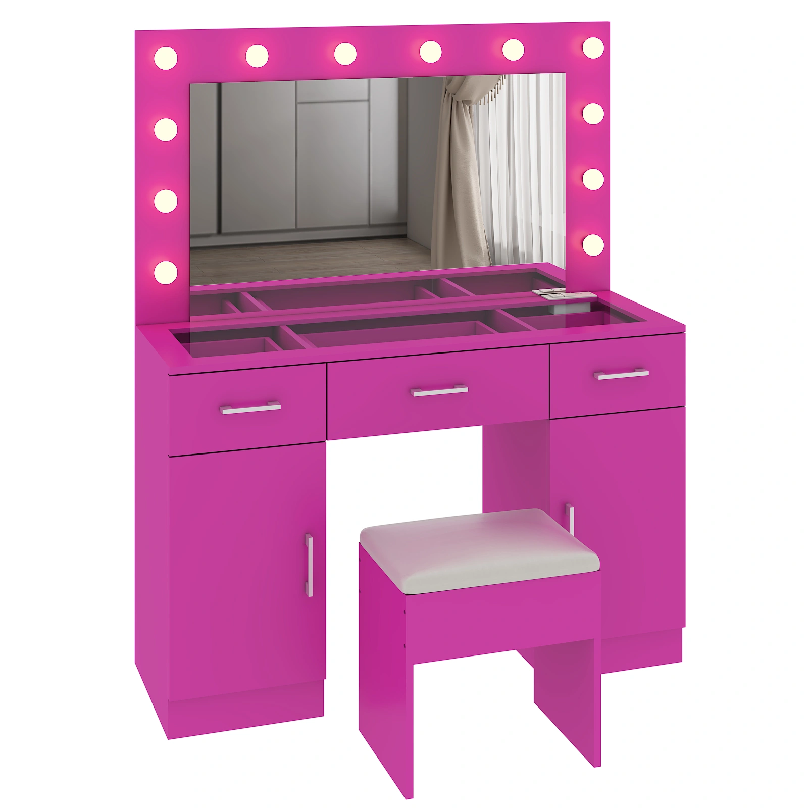 Vanity Desk Set with Large Lighted Mirror and Powre Outlet, Glass Top Makeup Vanity with 3 Drawers and 2 Cabinets, Vanity Table with 12 LED Lights, 3 Lighting Color Adjustable, Pink view 4